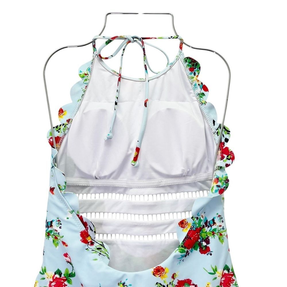 NWT Cupshe Light Blue And Red Floral Halter One-Piece Swimsuit Size Medium New - Picture 8 of 16